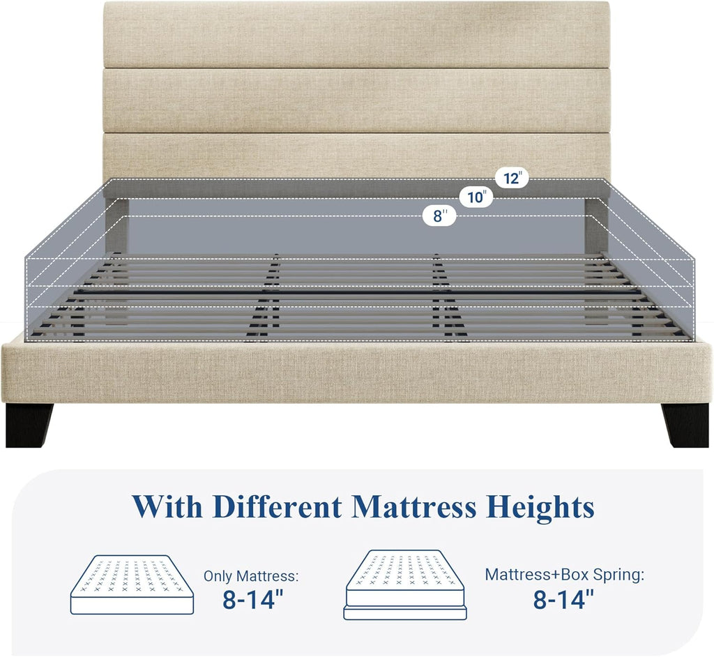 King Platform Bed Frame with Fabric Upholstered Headboard and Wooden Slats Support