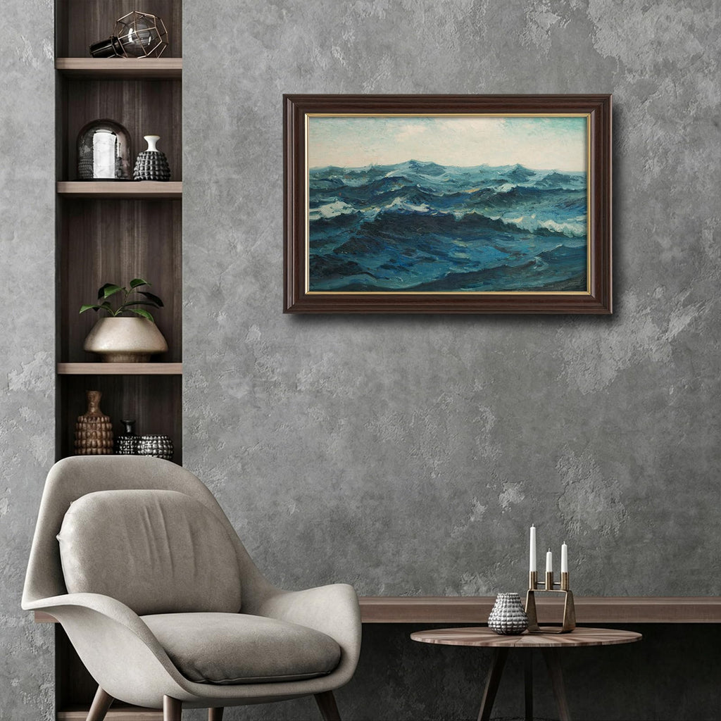Framed Vintage Ocean Wave Canvas Wall Art, Antique Impressionist Seascape Oil Painting Prints, Teal Blue Coastal Wall