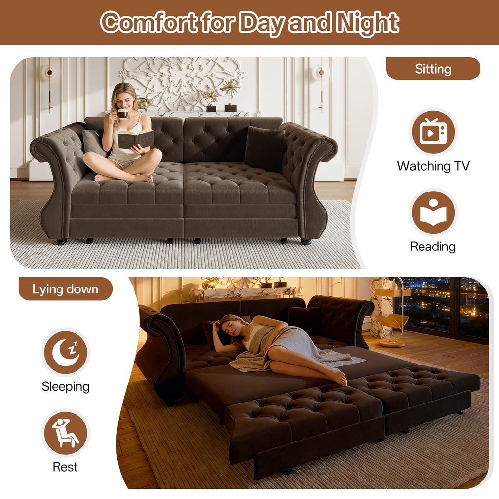 Sleeper Sofa Bed 83.6", Velvet Pull Out Couch, Chesterfield Sofa, Brown