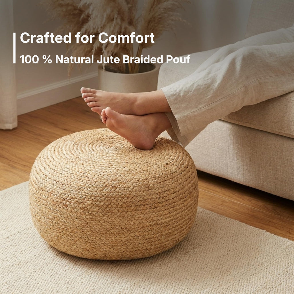 Jute Circular Low Pouf - Pouffe Foot Stool - Natural, Set of 2