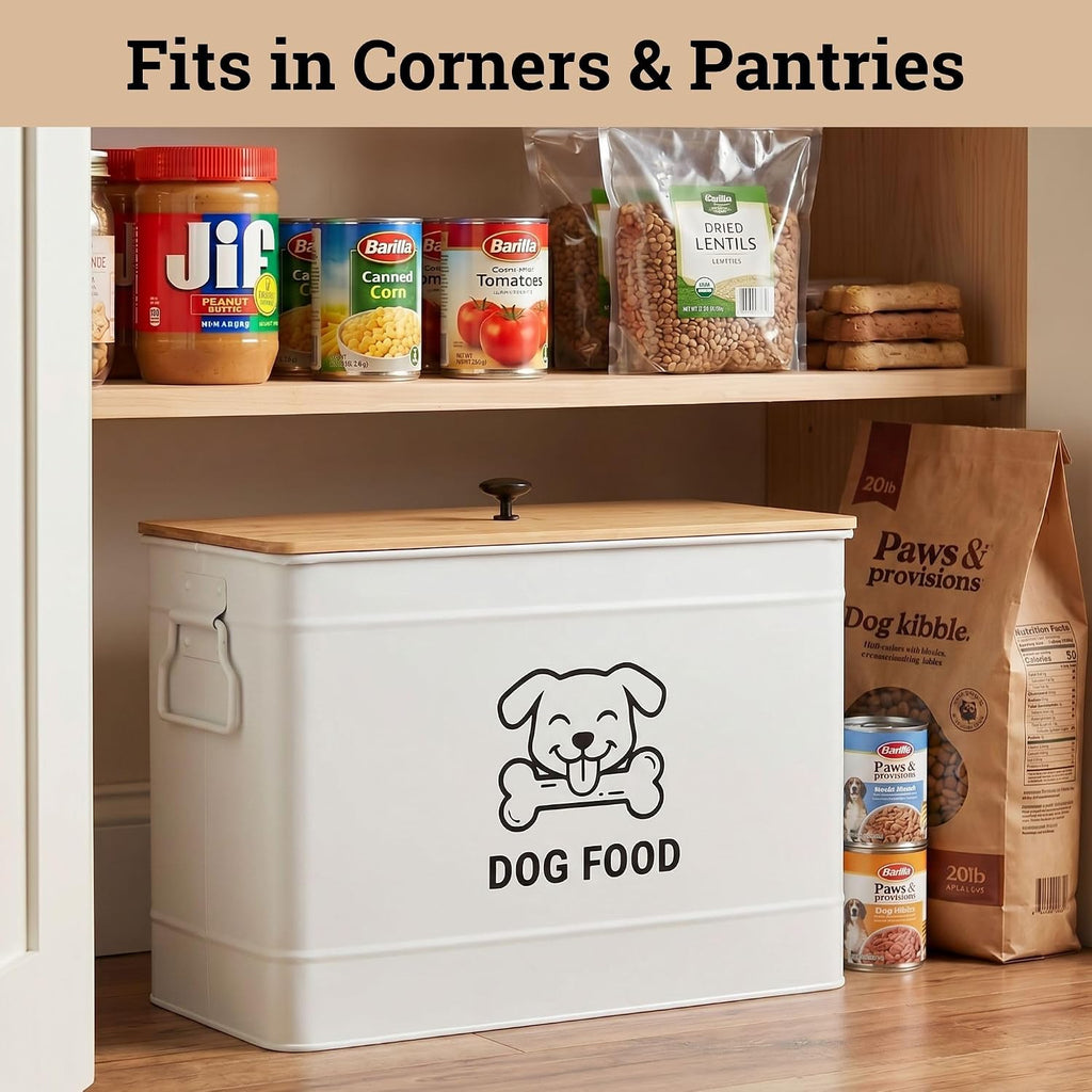 Metal Dog Food Container 15-20 lbs w/ Airtight Bamboo Lid, 70 Cup Capacity