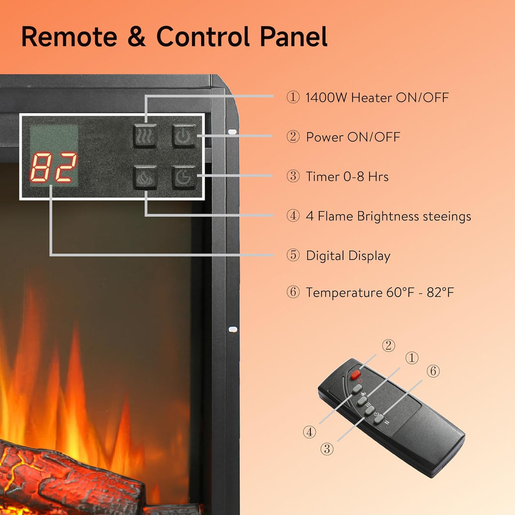 23" Electric Fireplace Insert, Fireplace Heater with Remote, Adjustable 4 Flame Brightness, Log Set, Low Noise