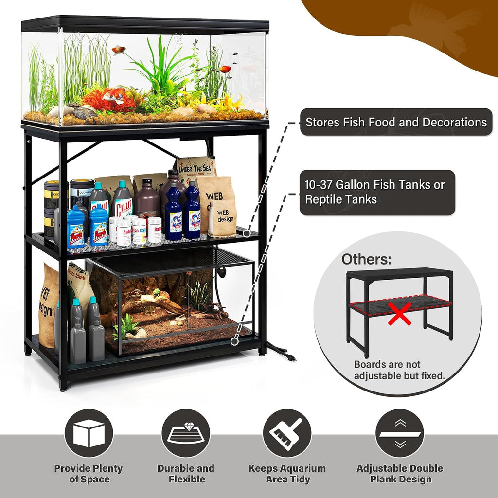 Fish Tank Stand 10, 20, 29, 37 Gallon, 1000LB Capacity Aquarium Stand with Built-in Outlet, 31"L x 16"W Metal Reptile