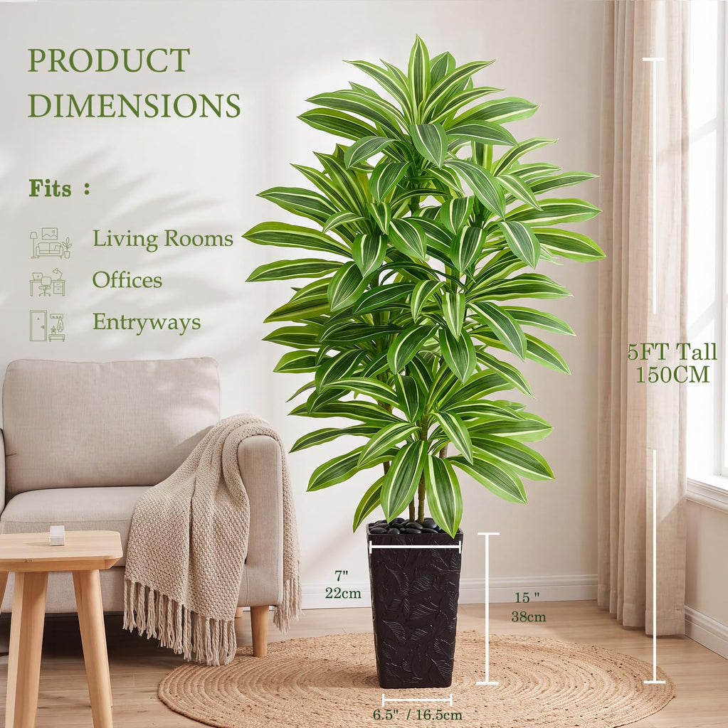 Artificial Dracaena Tree, 5FT Fake Tree with Black Tall Planter