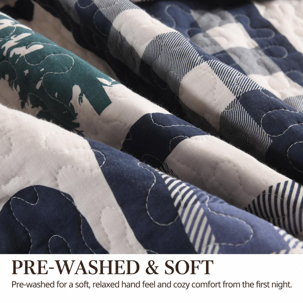 Bear Patchwork Quilt Set - Rustic Cabin Bedding Navy 3 Pieces