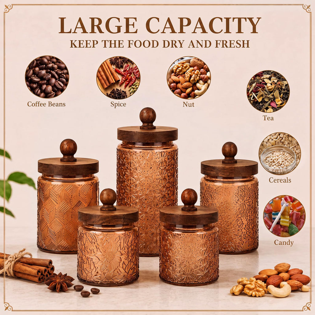 5 Pcs Vintage Glass Canisters Kitchen Glass with Lid, Brown
