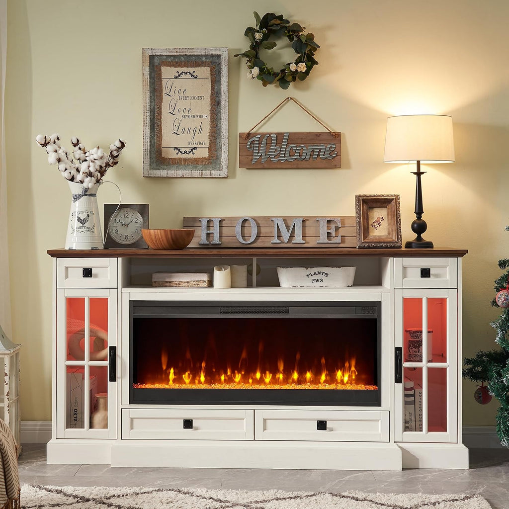 Fireplace TV Stand for 80 Inch TV, Farmhouse Entertainment Center with 42" Fireplace & LED Lights, Modern Media