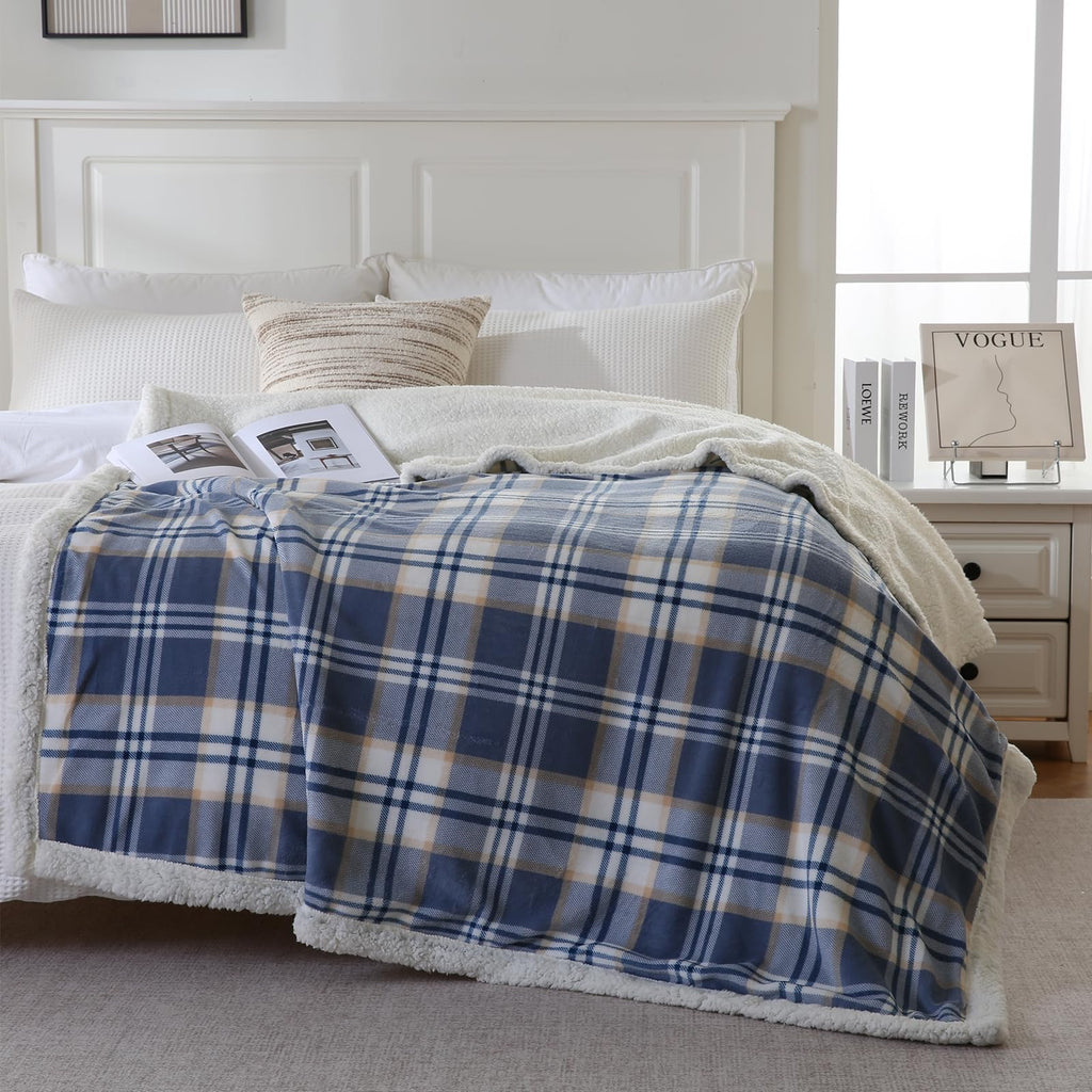 Sherpa Blanket Twin Plaid Thick Bed Blanket, 60"*80" Super Soft Flannel Fuzzy Fleece Reversible Velvet Plush Warm