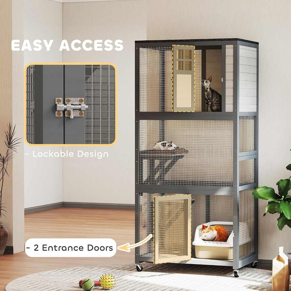 74" Wooden Catio Outdoor Cat Enclosure Weatherproof & Wheeled, Outside Cat House with High Weight Capacity, Kitten