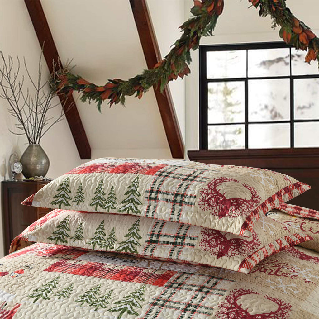 Christmas Reindeer Plaid Quilt Set Red Patchwork Bedding Bedspread