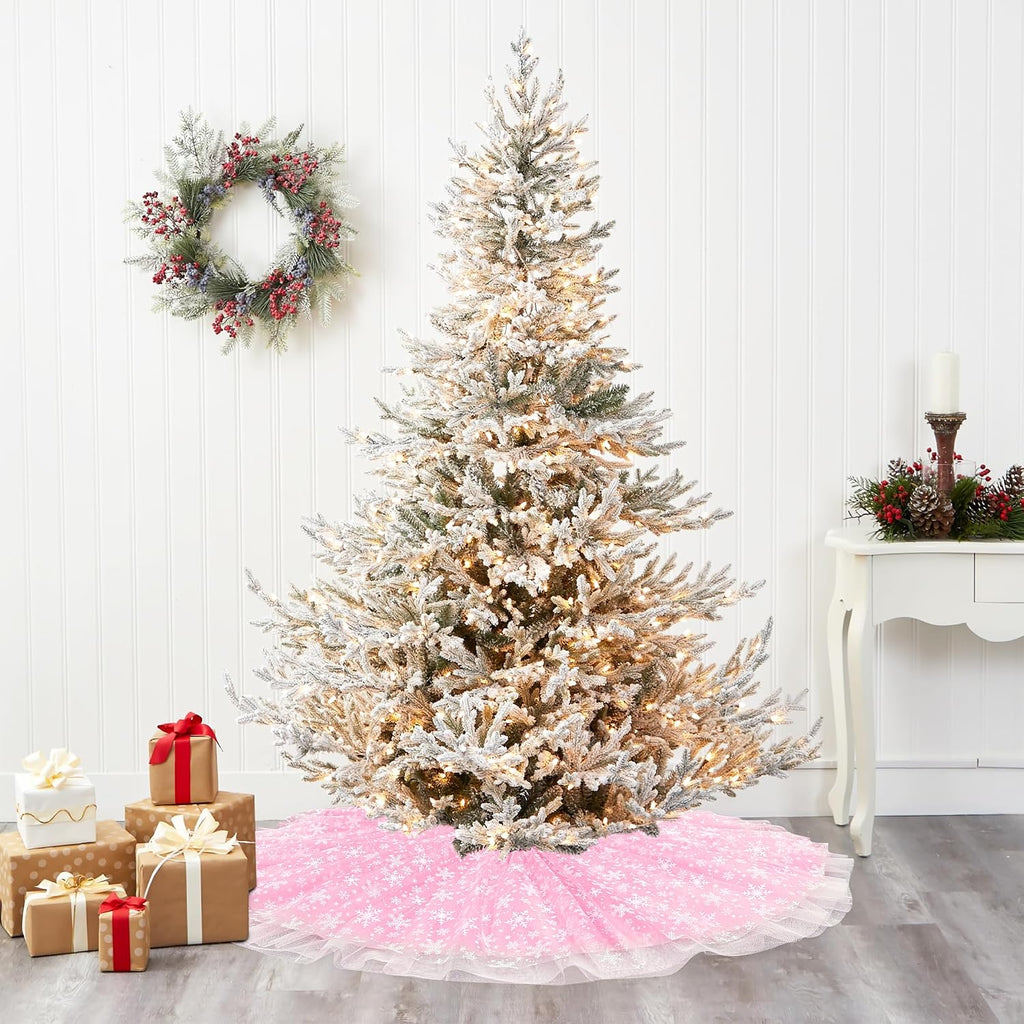 Christmas Wedding Tree Skirt, 4 Layer 47 in Snowflake Tulle Tree Decoration for Party Indoor, Fluffy Tree Cover Mat