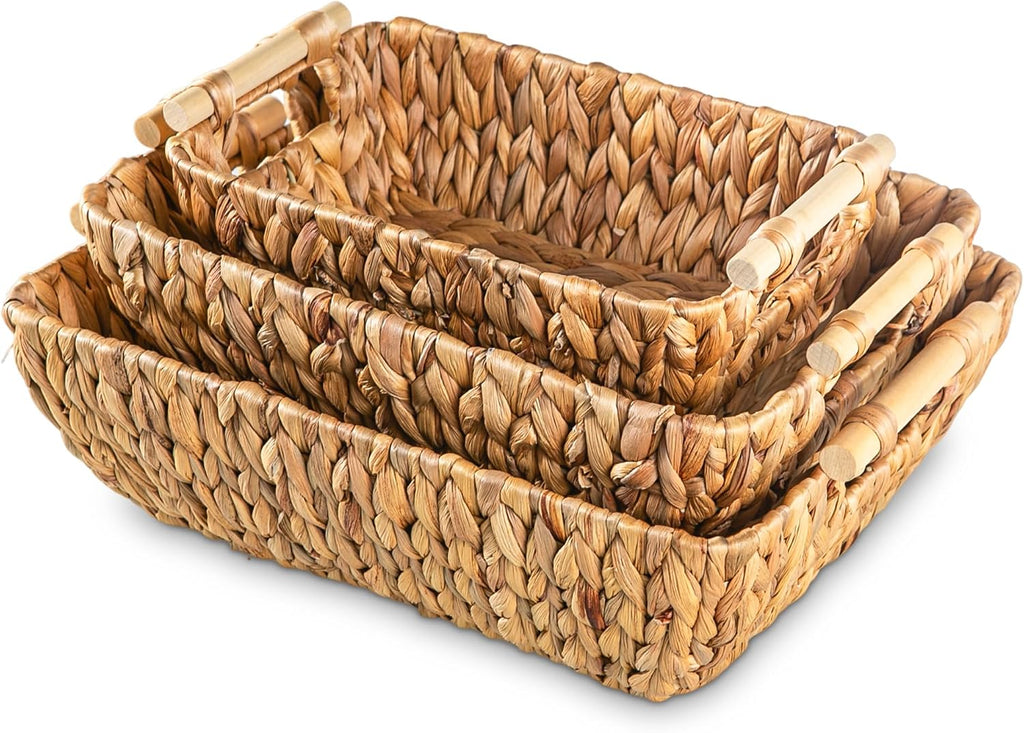 Woven Storage Baskets - Set of 3 Handwoven Water Hyacinth Wicker Baskets with Wooden Handles for Organizing
