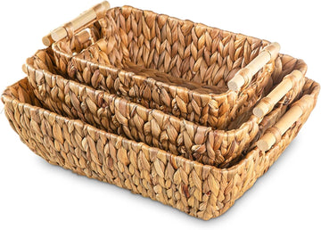 Woven Storage Baskets - Set of 3 Handwoven Water Hyacinth Wicker Baskets with Wooden Handles for Organizing