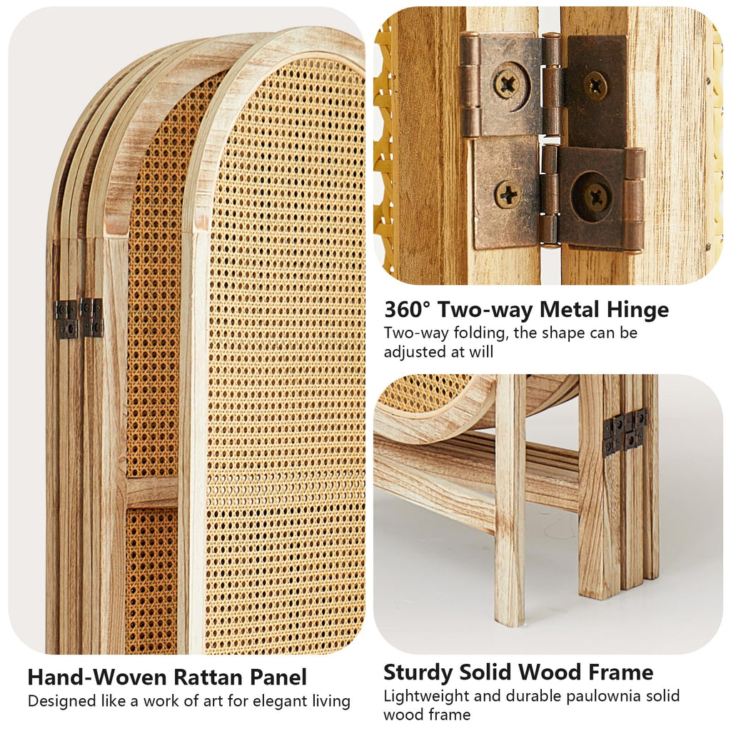 4 Panel Rattan Room Divider Screen, Boho Folding Privacy Screen