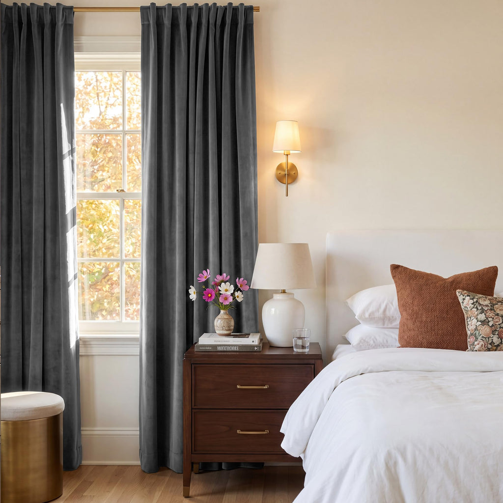 Grey Velvet Curtains Room Darkening, W52xL100, 2 Pcs
