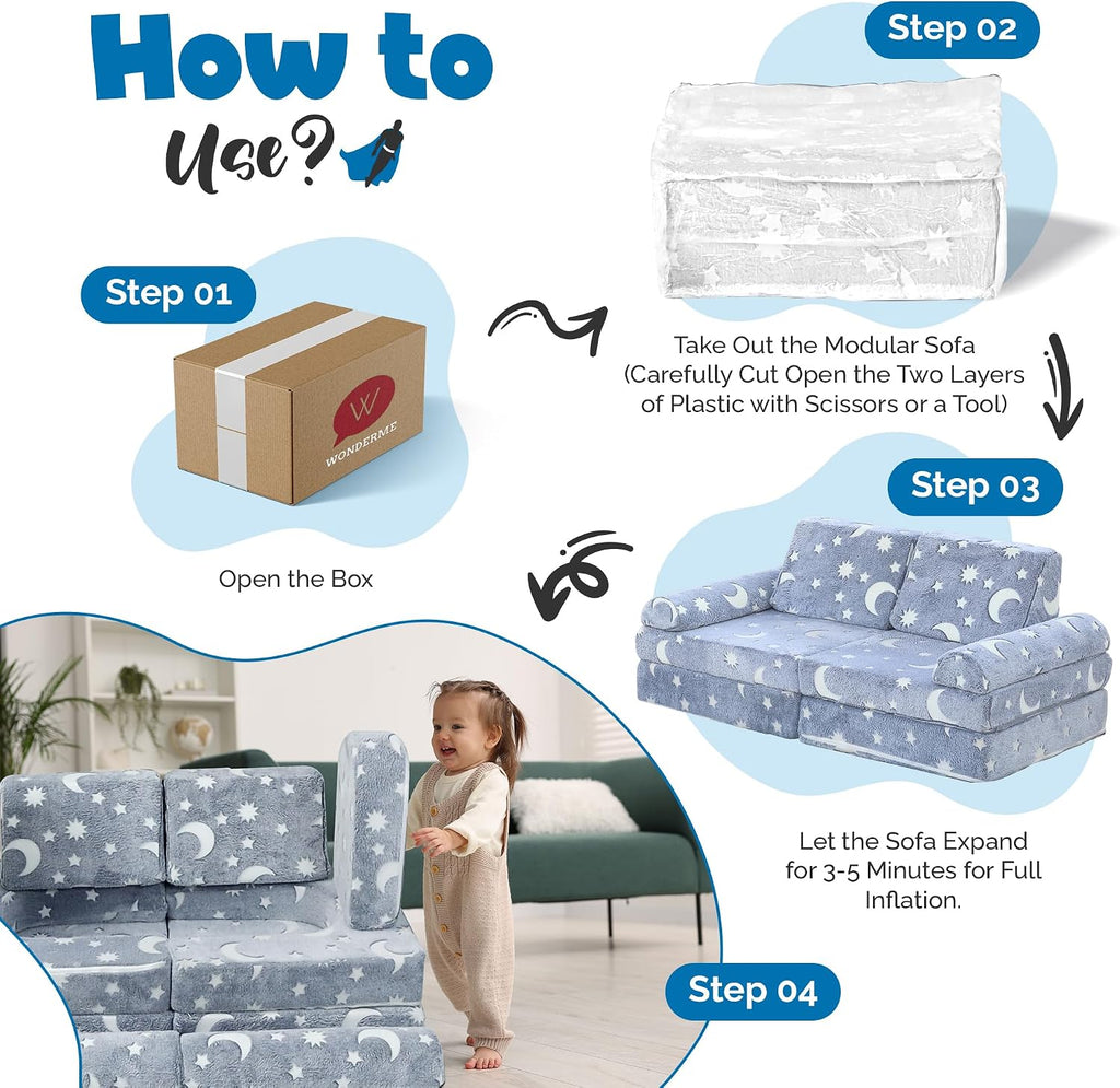 Seater Modular Kids Play Couch - 10pc Glow in the Dark Creative Kids Couch for Playroom, Living Room, and Bedroom
