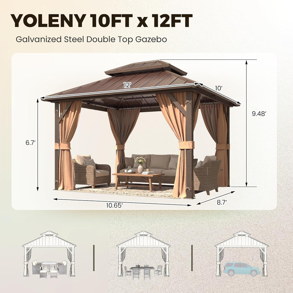 10' x 12' Gazebo Hardtop with Aluminum Frame,Galvanized Steel Double Roof Gazebos with Curtain and