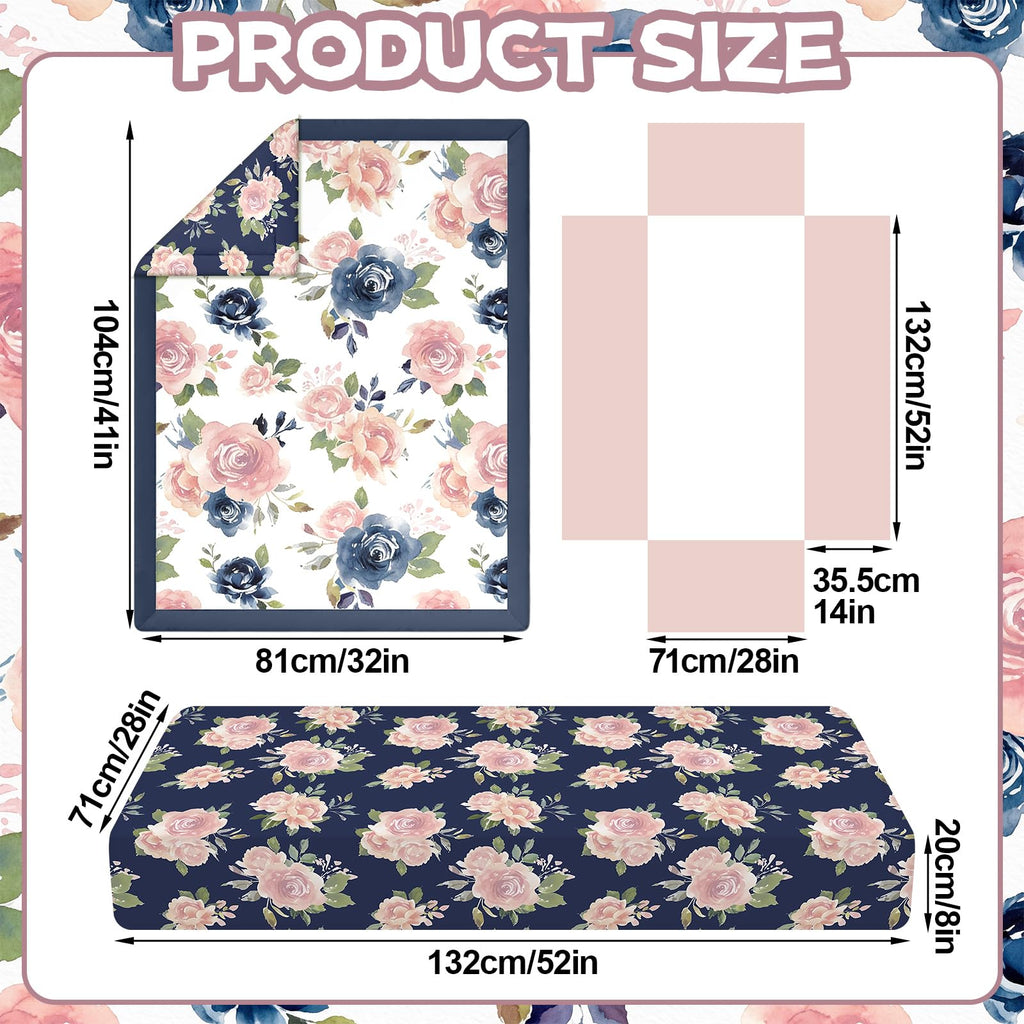 3 Pcs Navy and Pink Floral Crib Bedding Set for Girl