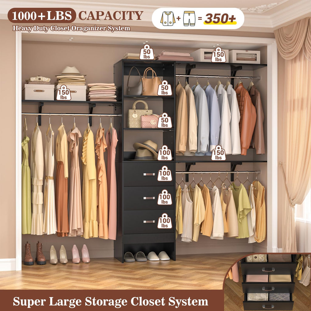 8FT Closet System, 96'' Closet Organizer System with 3 Hanging Rods, Wall Mount Bedroom Wardrobe with 3 Drawers