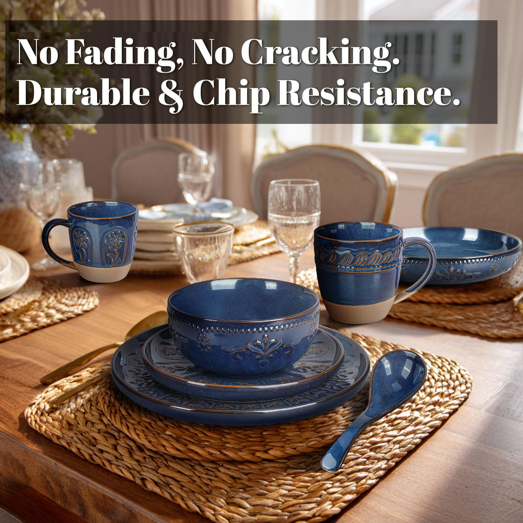 24-Piece Handcrafted Ceramic Dinnerware Set with Mugs, Service for 6 - Reactive Glaze Embossed Plates, Bowls & Mugs