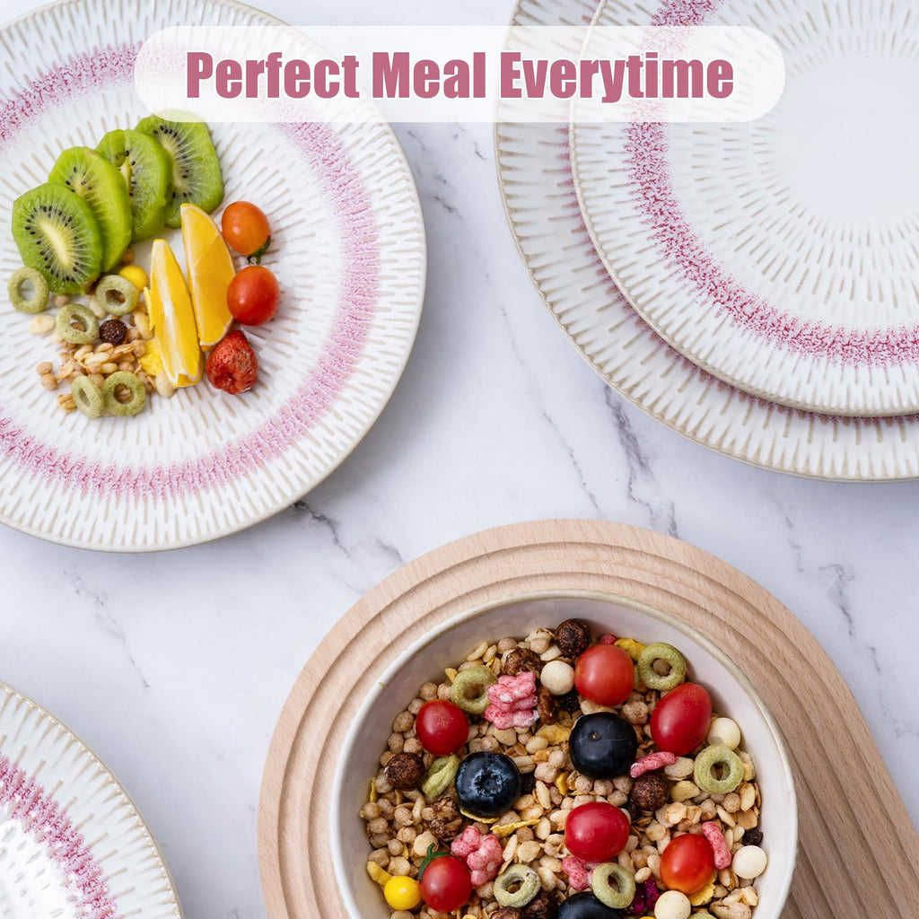 Dinnerware Set Pink Stoneware 12 Pieces Service for 4, Stoneware Plates and Bowls Set, Dishwasher Microwave Safe