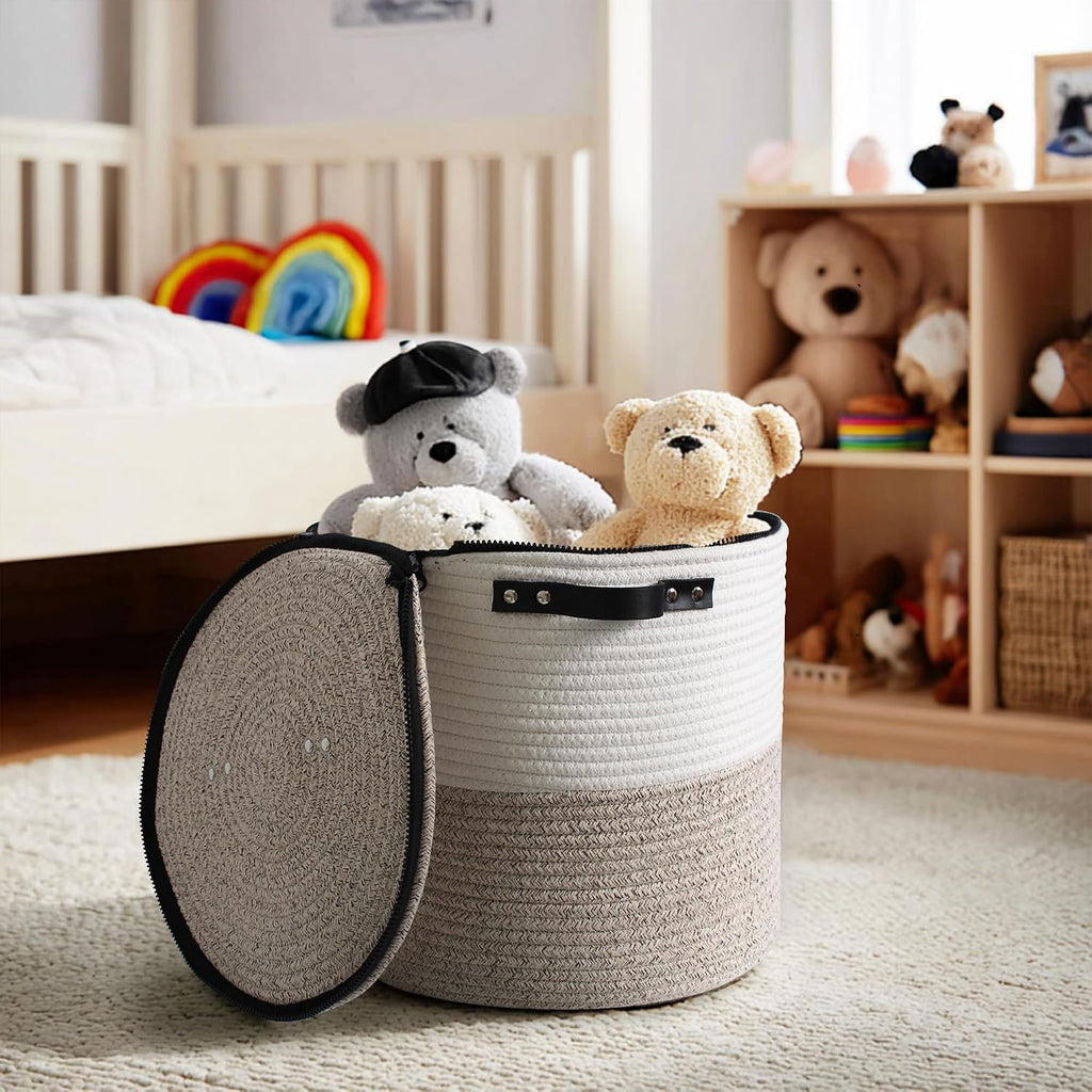 Basket with Lid, 15"x13" Round Woven Blanket Storage , Decorative Cotton Rope Hamper with Zipper Top, Wicker Basket
