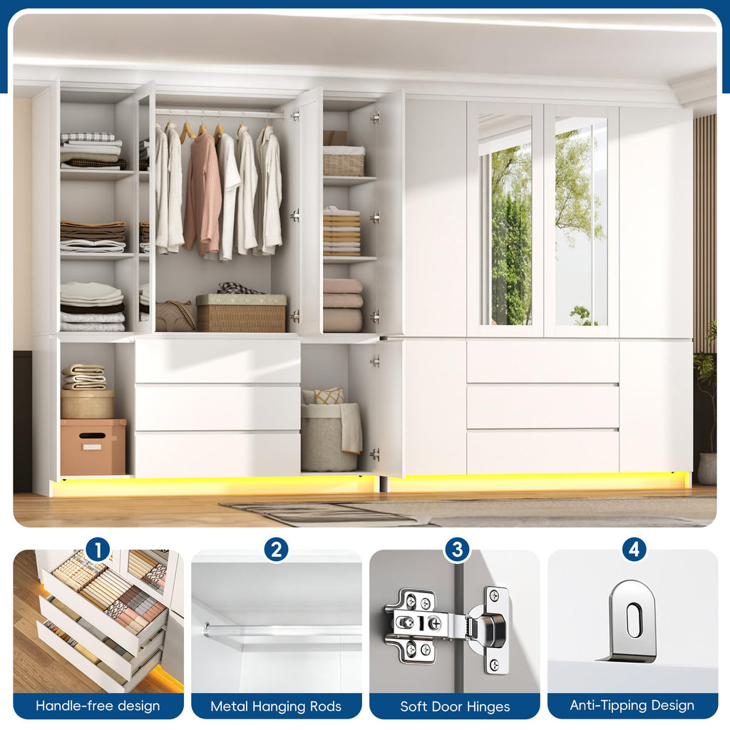 75" Tall Modern Wardrobe Closet with 2 Mirrors, LED Lights, 63"W Armoire Wardrobe Cabinet with 3 Drawers, Hanging