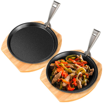 2 Set 10.3 Inch Cast Iron Fajita Plate Set with Wooden Base Anti Scald Protection Removable Handle Fajita Plate