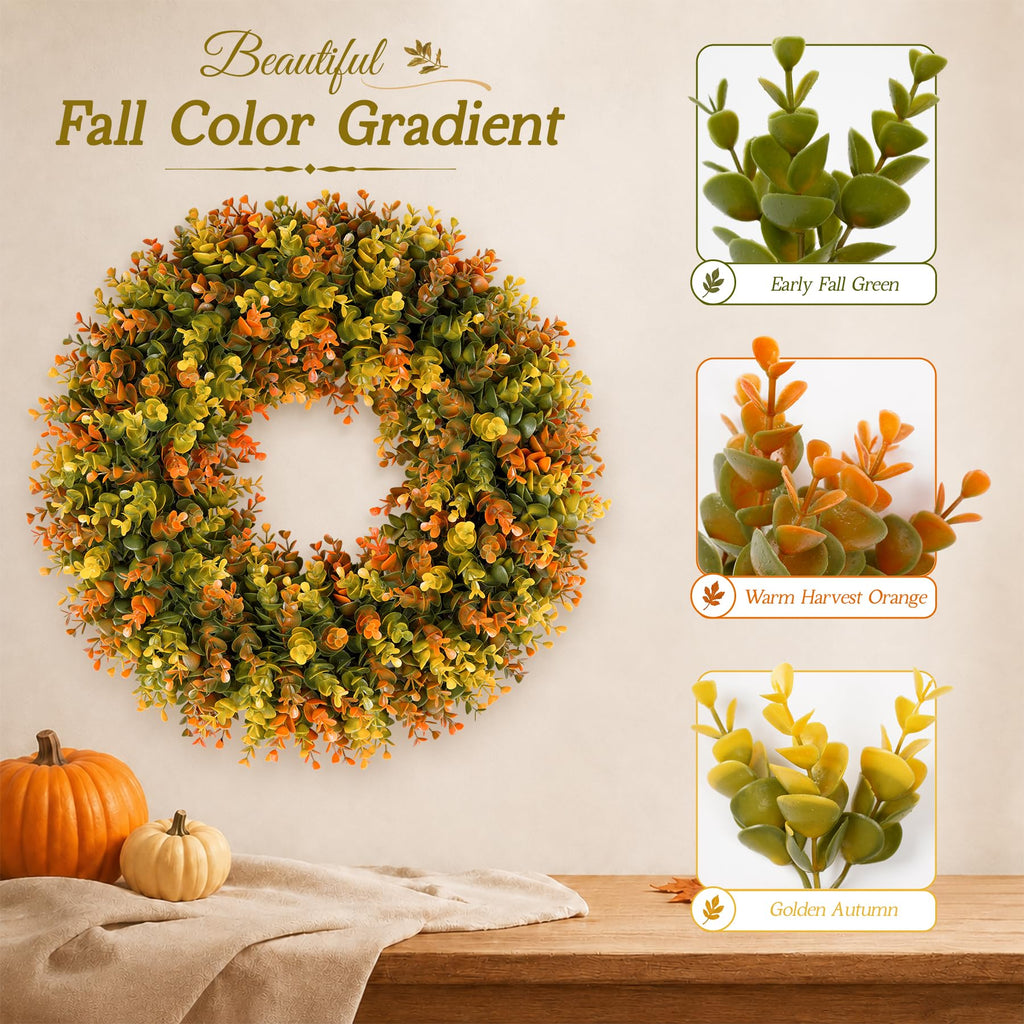 20 Inch Fall Wreaths for Front Door, Handmade Fall Boxwood Wreath with Cream Linen Sash, Waterproof and UV Resistant