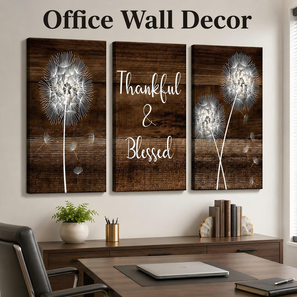 Thankful & Blessed Dandelion Framed 3‐Piece Canvas Wall Art, Rustic Wooden Plank Background Floral Typography Canvas