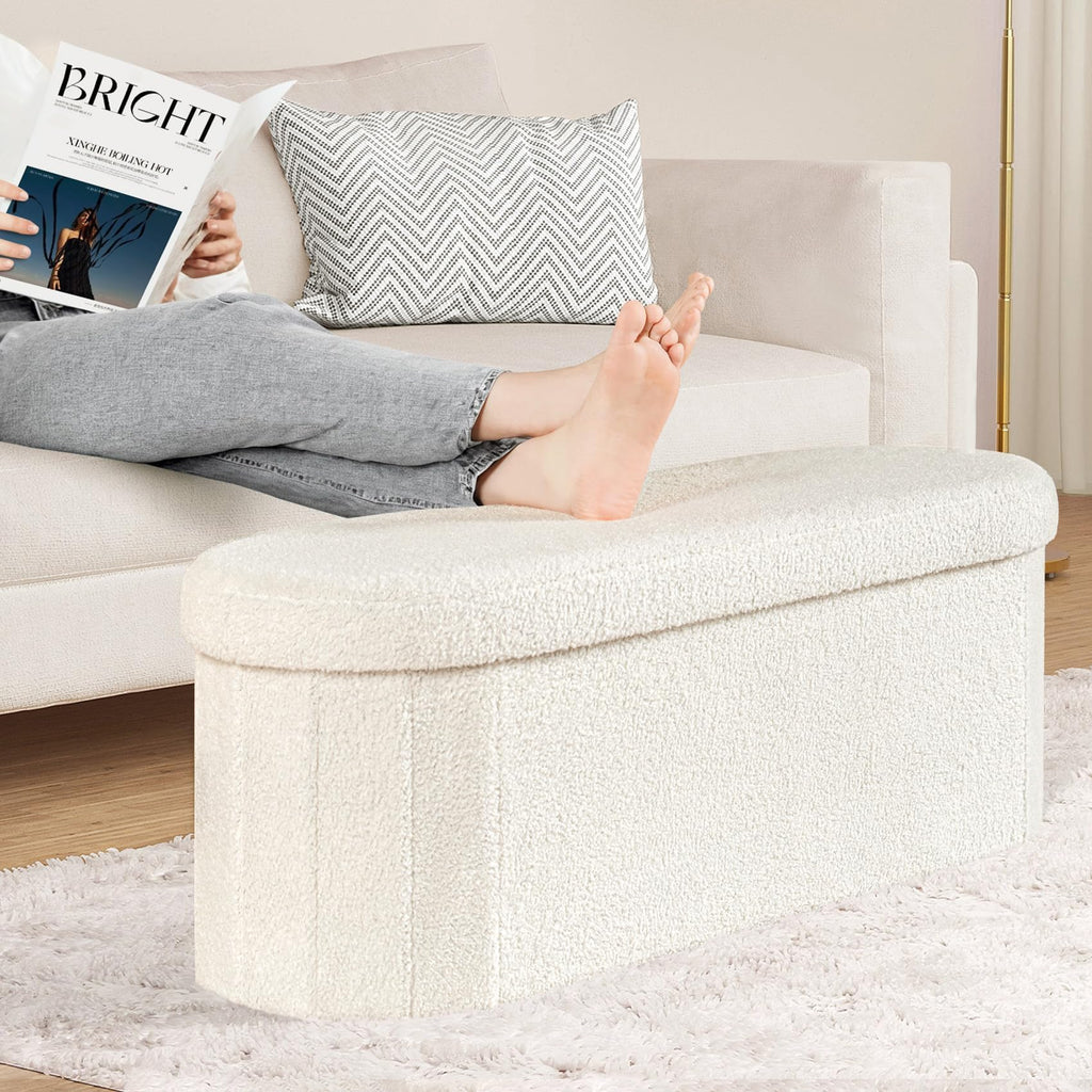 Storage Ottoman Bench Tufted Oval Ottomans Bench Foot Rest, Chest Box Velvet Bench with Storage, 43"x15"x15" (White)