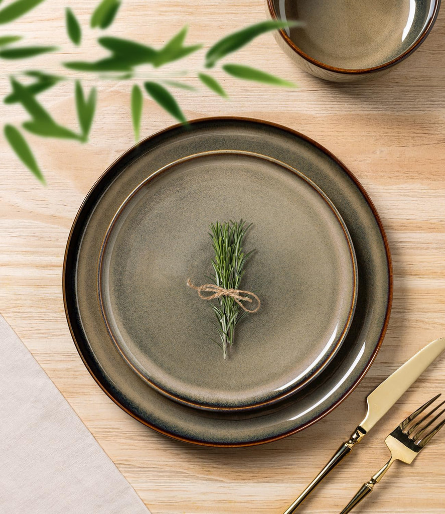 Ceramic Dinnerware Sets for 4, 12 Pieces Handmade Reactive Glaze Plates and Bowls Set, Scratch Resistant Dish Set