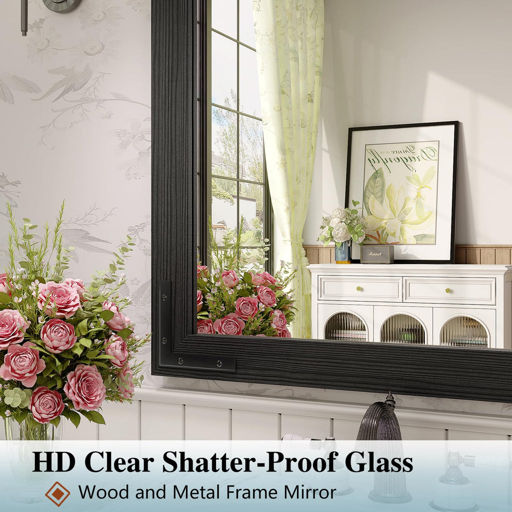 Farmhouse Bathroom Mirror, 48"x30" Black Rustic Bathroom Mirrors