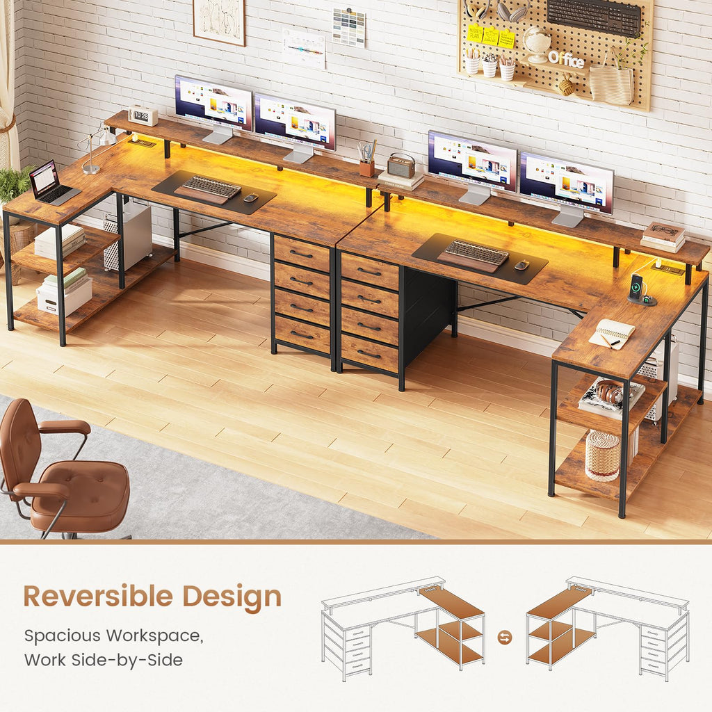 L Shaped Desk with 4 Drawers, Shelves, Power Outlets, Rustic Brown