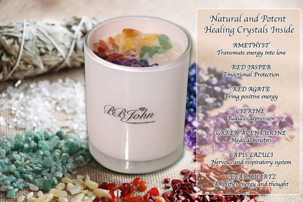 Chakra Crystal Candle - Manifestation Intention - Healing Crystals Gemstones - Seven Chakras Stones - Meditation
