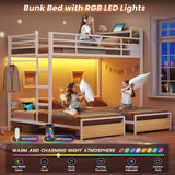 Triple Bunk Bed for Kids with Storage Drawers and Charging Station Twin Over Twin Metal 3 Bunk Bed with Storage