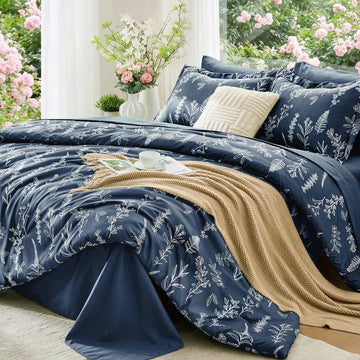 Oversized Comforter Set, 7-Piece Floral Bed in a Bag, Navy Blue