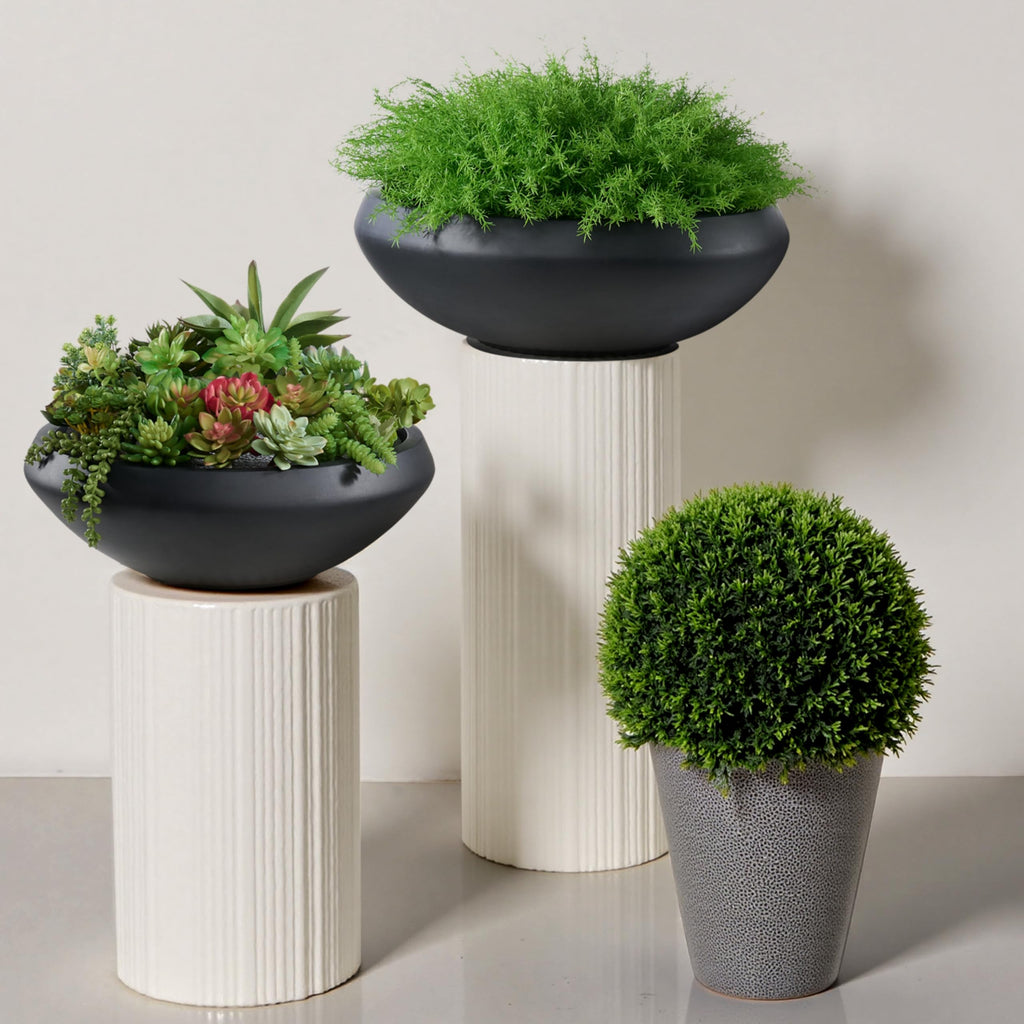19" Dia Black Concrete Bowl Planter, Large Succulent Pot with Drain Hole