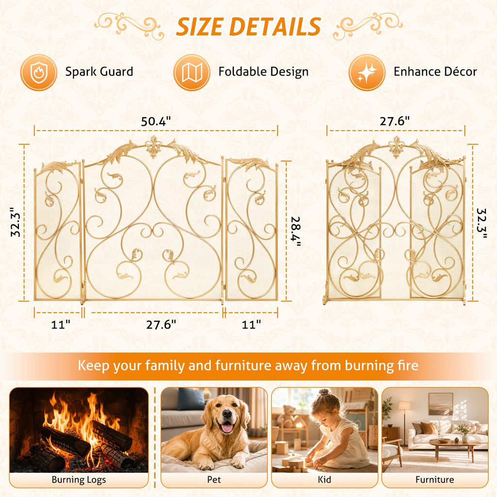 Fireplace Screen Gold 50x32 Inch Folding 3 Panel Fireplace Screen