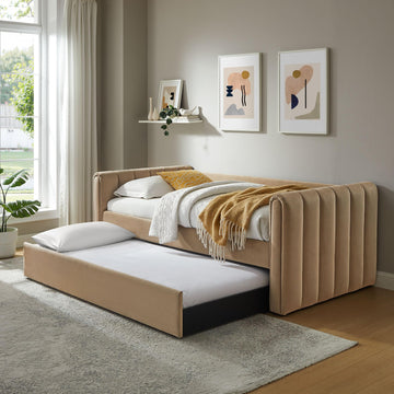Veyla Twin Size Performance Velvet Daybed in Taupe with Trundle - Channel Tufted Upholstered Sofa Bed with Wood Slat