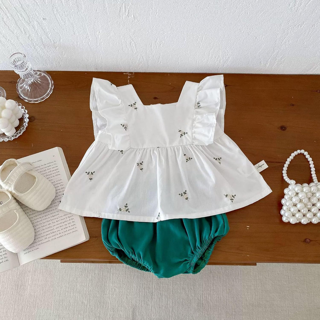 Baby Girl Summer White Embroidered Ruffle Sleeveless Top and Green Bloomers Set