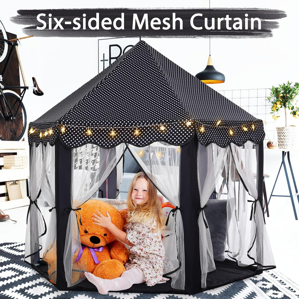 Princess Tent Girls Black Large Playhouse Kids Castle Play Tent with Star Lights Gift Toy for Children Indoor