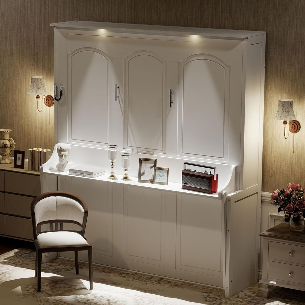 Queen Murphy Bed with Desk, Foldable Wall Bed Cabinet with LED Lights and USB Ports, Space-Saving Murphy Bed Frame
