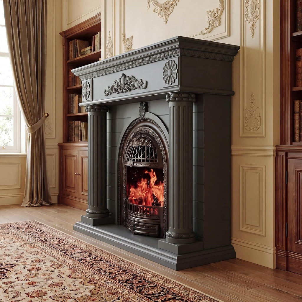 Solid Wood Electric Fireplace TV Stand, 52" Electric Fireplace with Mantel, Roman Column Entertainment Center with