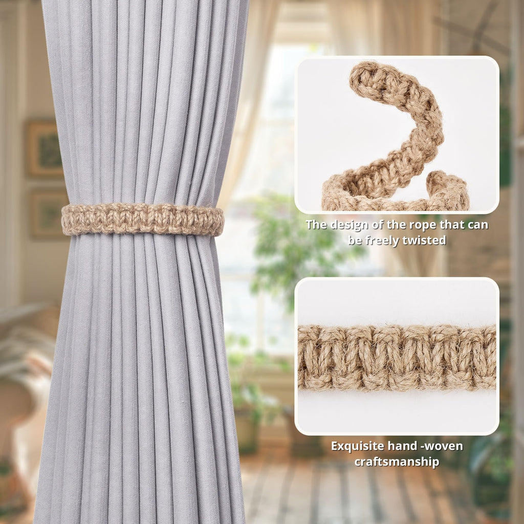 Natural Jute Rope Curtain Tiebacks Farmhouse Rustic Style Decorative Drape Tie Backs Handmade Braided Curtain - 4 Pack