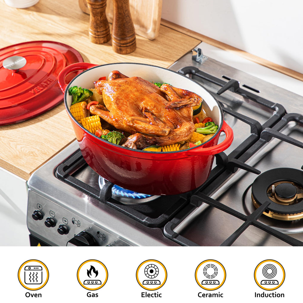 7.5 QT Oval Enameled Cast Iron Dutch Oven Pot with Lid,Red