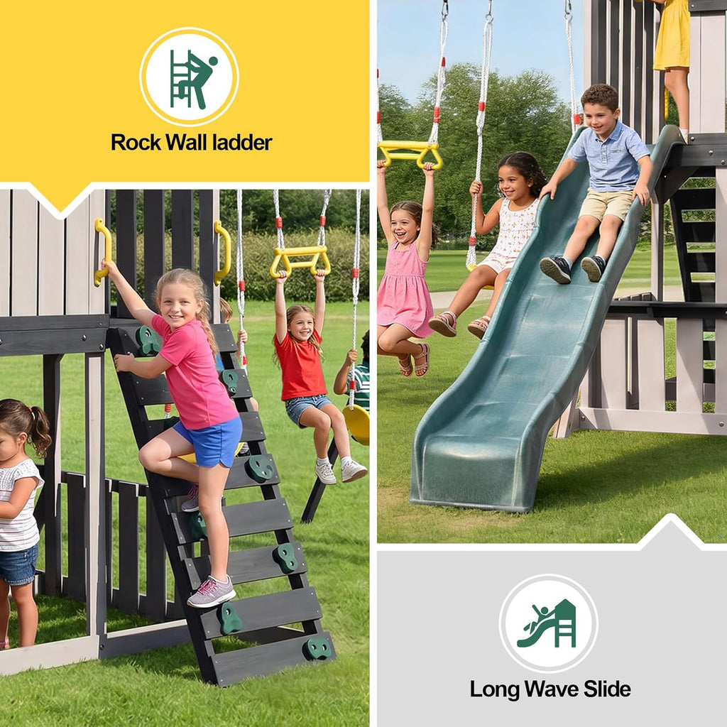 Cedar Wood Swing Set with Slide,Rock Wall,Belt Swings,Tic-Tac-Toe, Play Kitchen for Kids Backyard Outdoor