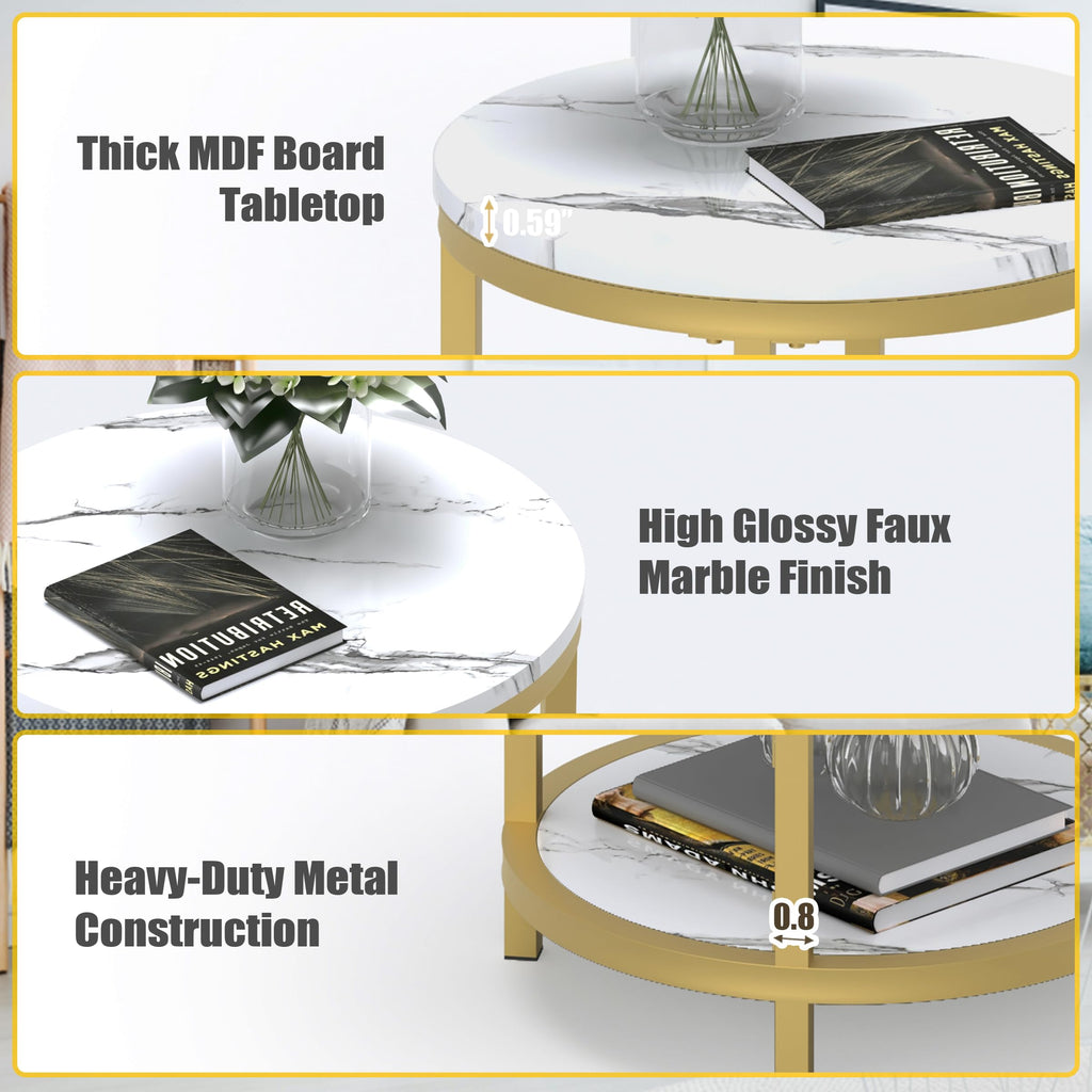 Round Side Table, Modern Nightstand End Table with Gold Metal Frame &Faux Marble Top, Accent Bedside Table Bedroom