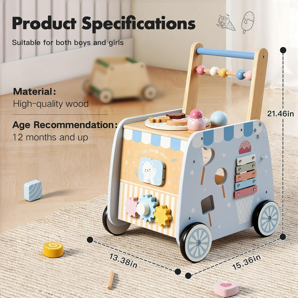 Wooden Baby Walker, Multifunctional Ice Cream Cart, Push Walker with Wheels