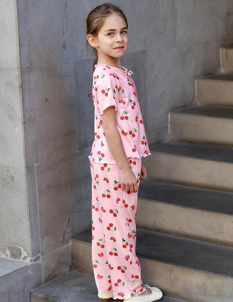 Girls Pajamas Short Sleeve Long Pant Sleepwear Soft Shirring Pjs